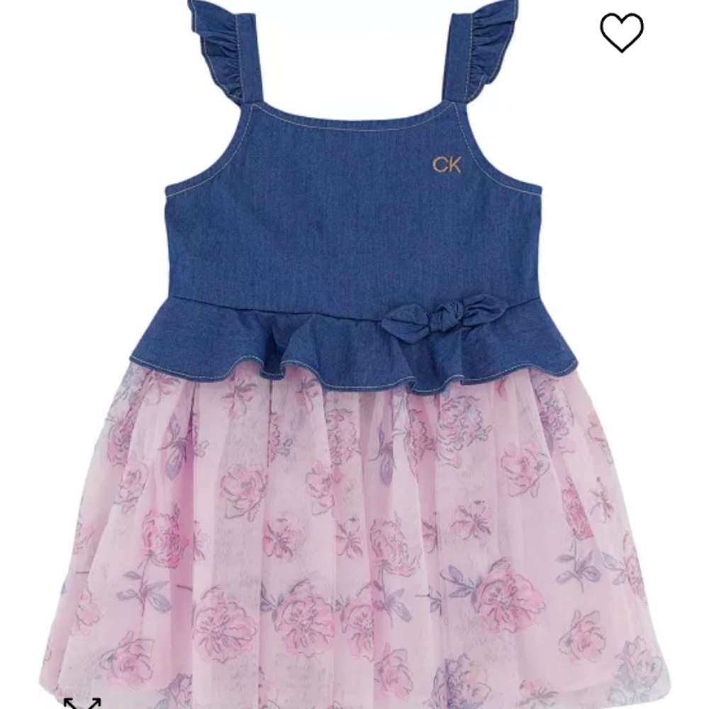 Flutter Trim Denim and Floral Mesh Dress 3T